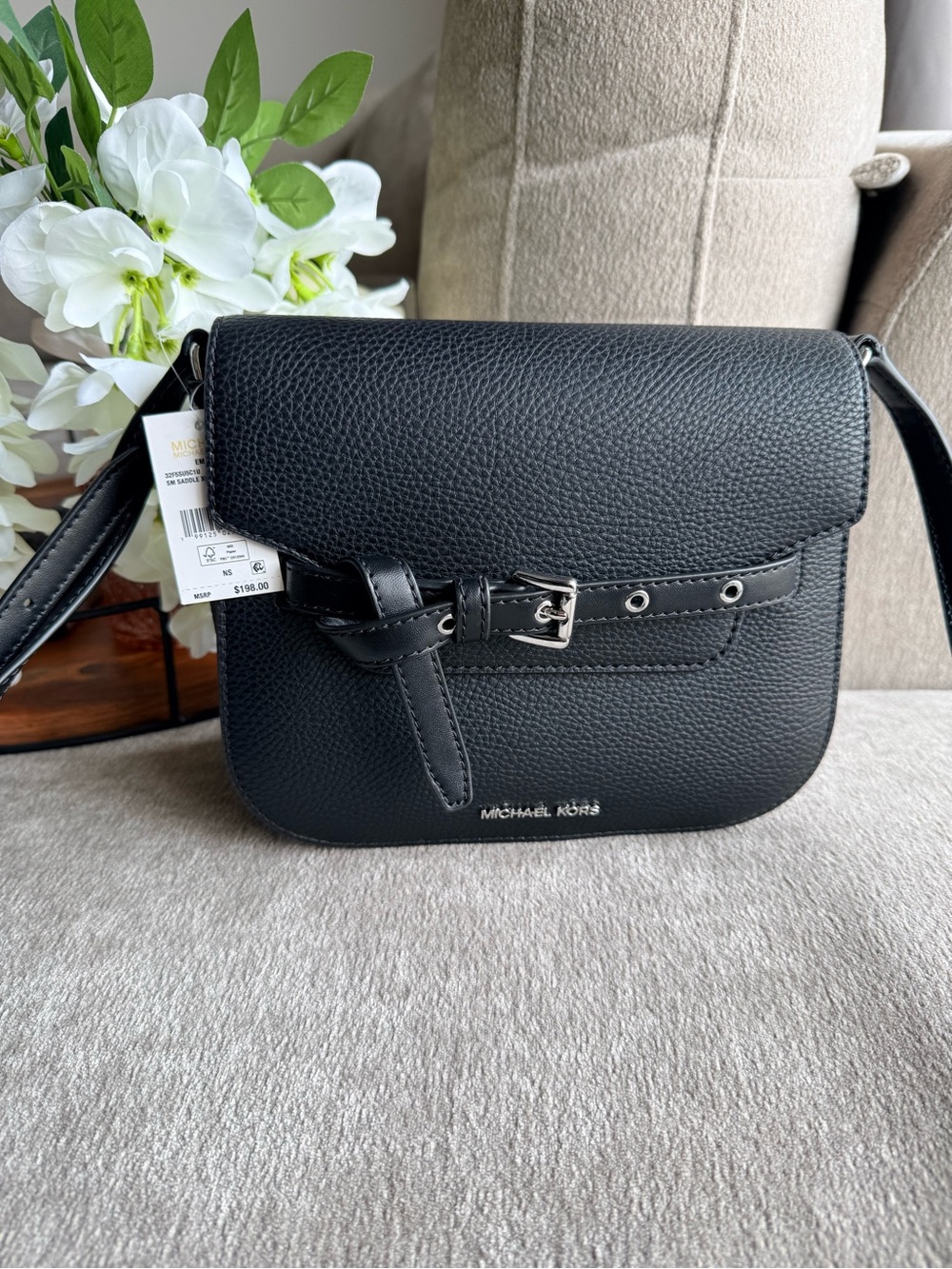 Michael Kors Retail Black Pebbled Emilia Leather Belt-Accent Saddle Crossbody